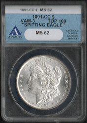 1891-CC Morgan Dollar VAM-3 Splitting Eagle ANACS MS-62