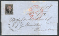 #   2 VF, on cover, orange grid cancel, Nov 5th, 1849, very neat!