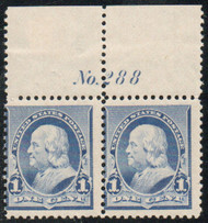 # 219 Fine+ OG stamps NH, Pair w/ Plate number & top, very unique!