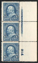 # 264 F-VF OG NH, Plate Strip of 3 w/ imprint, lovely color!