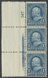 # 264 F-VF OG NH, Plate Strip of 3 w/ imprint, post office fresh!