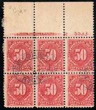 #J 67 Fine+ used Plate Block, Very Rare Plate as a mint one catalogs out at $1100