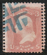 #  65 Fine, double row of perfs, clear fancy blue cross roads cancel, lovely color!