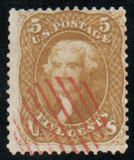 #  67 Fine+, w/PSAG (09/11) CERT, red grid cancel, small crease ending in a tear, bold color!
