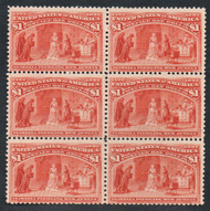 # 241 Fine+ OG NH, Block  of 6, w/PSE (10/14) CERT, small thin position 3, all $1-$5 Columbians should have a certificate stating that they are NH, regummed or altered stamps known,  RARE BLOCK!