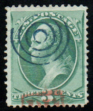 # 158 VF+, blue "target" & red P.O. foreign mail cancels, vivid color!