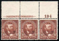 # 255 Fine+ OG NH, Plate Strip of 3, deep dark color, owners hand stamp on back, hinged in margin only, Nice!