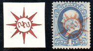 # 182 Fine+, orange reversed "SS" in sunburst cancel, vibrant colors!