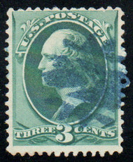 # 184 F-VF, blue geometric w/ negative "M" cancel, lovely color!