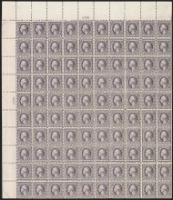 # 502 3c Washinton, VF/XF to F/VF OG NH/Hr, Sheet of 100, 95 stamps NH, one thin, mild gum bends affect 4 stamps at top, LARGE TOP PLATE is XF, some great stamps on this sheet!  CHOICE!