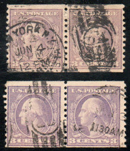 # 493 - 494 F/VF, Pairs, town & number cancels, nice color!
