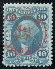 #R 34c F/VF, S-O-N orange hand cancel, amazing color!