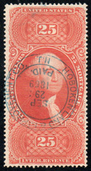 #R100c VF+, S-O-N blue hand cancel, bright color!