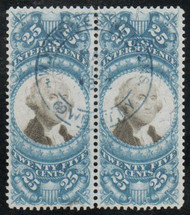 #R112 VF+, S-O-N blue hand cancel, pair, tiny thin on left stamp, gorgeous color!