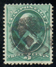 # 147 F-VF, "Masonic square & compass" cancel, bold color!
