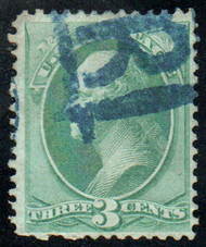 # 158 F-VF, blue "R in square" cancel, crease, pretty color!