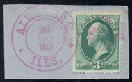 # 158 VF, on piece, pink Alhambra, Illinois & "Maltese cross" cancels, vivid color!