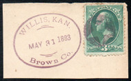 # 207 VF, on piece, purple negative "star in circle" cancel, Willis Kan. Brown Co. cancel, lovely!