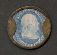 #EP129 SUPERB, Encased Postage, 1c Mendum's Family Wine Emporium, intact mica, nice back, RARE!