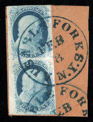 #   8A / 7 XF to SUPERB, w/PSAG (06/26) CERT, bottom stamp is a SUPERB 8A, top stamp is a VF/XF 7, lovely pair, sheet margin a left, STUNNER!