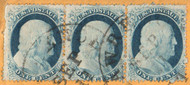 # 23 strip of 3 on piece, w/PSAG (06/26) CERT, left stamp with some usual perforations flaws, Rare!