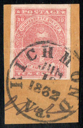 Confed # 5 SUPERB, on piece, Richmond town cancel, crease, Nice!