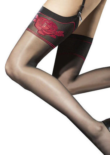 Fiore Etheris Rose Motif Sheer Garter Stockings Deep Welt Fashion Hosiery Nylons