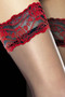 Fiore Nocturne Floral Pattern Contrast Lace Top Hold Up Stockings 20 Denier Stay Up Nylons Red Flower