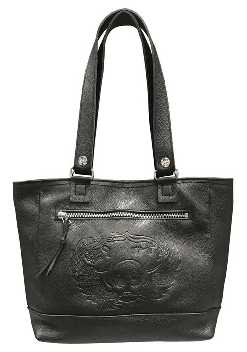 Genuine Leather Women&#39;s Embossed Winged Skull Soft Leather Tote Bag, Black SK681 - Wisconsin ...