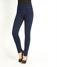 The slim mid-rise fits like a jegging looks like a jean.  
Wide waistband, no zippers and a smooth front.
Form fitting through hip and thighs
Slim fit through knees and calves
Flattens the tummy and lifts the behind 
Faux front pockets/Two back pockets 
Front rise:9 3/4"  Inseam: 32”  Leg opening circumference:11 3/4"
65% Cotton, 35% Lycra