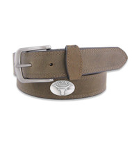 Brown Leather Belt with Contrasting Stitching and Metal Conch with TEXAS & Longhorn Logo