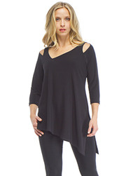 Black, Open Shoulder, 3/4 Sleeve, Asymmetrical Neck Tunic Top in 96% Poly, 4% Spandex Knit