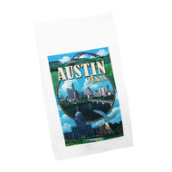 White Kitchen Towel with a Collage of Austin Icons and Austin Skyline