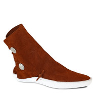Our rust colored Two Button style moccasin. The sole is made of a 1/4 inch thick lattigo cow hide. The top portion of the moccasin is made of a top grain suede. 
**Differences in dye lots and natural grain of the leather may cause differences in color of the top grain suede. 