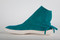 Inner side view of our one-button style moccasin in our turquoise  color leather.