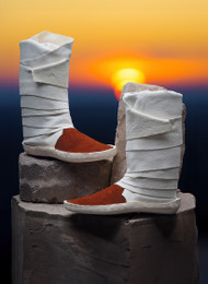 Traditional white deerskin wrap with suede traditional rust toe. All of the leather we use on the toe is chap suede splits, 4-4.5oz. We use only white tanned deerskin for the white wrap.