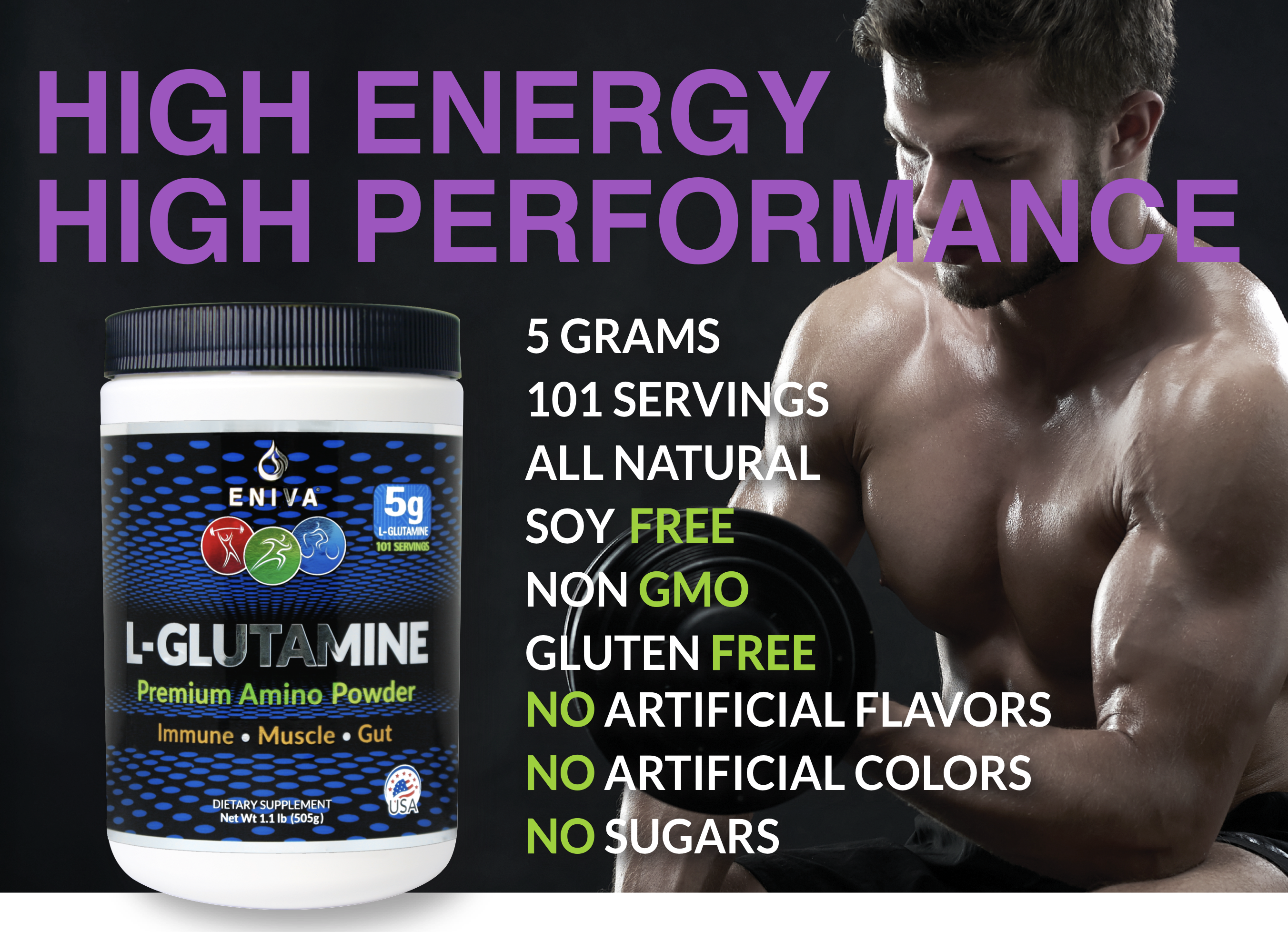 L-Glutamine 5 Grams High Energy High Performance Eniva L-Glutamine 5 Grams High Energy High Performance Eniva