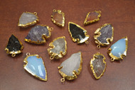 12 Pcs Assort Agate Gemstone Arrowhead Gold Plated Pendants 1" - 1 1/2"