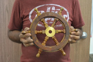 Wood Steering Wheel Boat Brass Center Wall Decor 12"