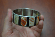 Red Mother of Pearl Shell Stainless Steel Bangle Bracelet 1"
