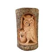 Hand Carved Owls Mother & Baby in a Log