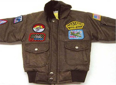 Kids' A-2 Bomber Jacket - Brown Faux Leather With 9 Patches, Airplane Zipper Pull - View #3