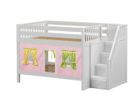 Low Bunk Bed with Staircase on End & Curtain (White)