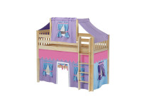 Mid Loft Bed w/ Straight Ladder, Top Tent & Curtain (Natural)