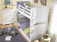 Twin Size over Twin Size. Ladder sets up left or right side. Shown with optional Under Bed Storage Drawers. Also available with Rolling Storage Trundle for twin size mattress or lots of storage. Buy the Low Profile Top Mattress and standard height bottom mattress at The Bedroom Source. It will be delivered same time as the bed with no extra delivery charge.  Special financing available.*