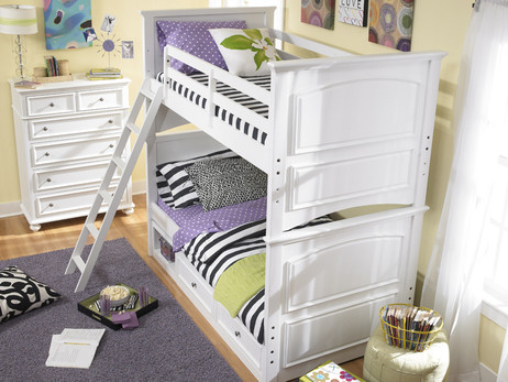 Twin Size over Twin Size. Ladder sets up left or right side. Shown with optional Under Bed Storage Drawers. Also available with Rolling Storage Trundle for twin size mattress or lots of storage. Buy the Low Profile Top Mattress and standard height bottom mattress at The Bedroom Source. It will be delivered same time as the bed with no extra delivery charge.  Special financing available.*