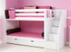 Low Bunk with Stairs right in White. Shown with optional trundle. Also available with angled ladder or straight ladder.  61" height good for low ceilings. Get the Top and Bottom Low Profile mattresses at The Bedroom Source. They will be delivered same time as the bed with no extra delivery charge. Special financing available.*