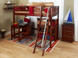 Twin Size High Loft in Chestnut with Angled Ladder, optional Hanging Bed Side Tray & Fabric Pocket. Pictured with Freestanding desk and Huge 4 Bookcase. Get the Mattress at The Bedroom Source. It will be delivered same time as the bed with no extra delivery charge. Special financing available*