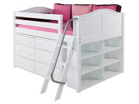The Maxtrix Low Loft has 32" of clearance under the top bed. Pictured in white with curved ends, two 3 drawer chests and a side bookcase. One of many possible configurations. Shown in full size but also comes in twin size. Angled ladder can set up left or right. 80" total length left to right. Get the low profile mattress at the Bedroom Source. It will be delivered same time as the bed with no extra delivery charge. Special financing available*