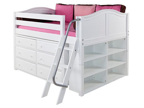 The Maxtrix Low Loft has 32" of clearance under the top bed. Pictured in white with curved ends, two 3 drawer chests and a side bookcase. One of many possible configurations. Shown in full size but also comes in twin size. Angled ladder can set up left or right. 80" total length left to right. Get the low profile mattress at the Bedroom Source. It will be delivered same time as the bed with no extra delivery charge. Special financing available*